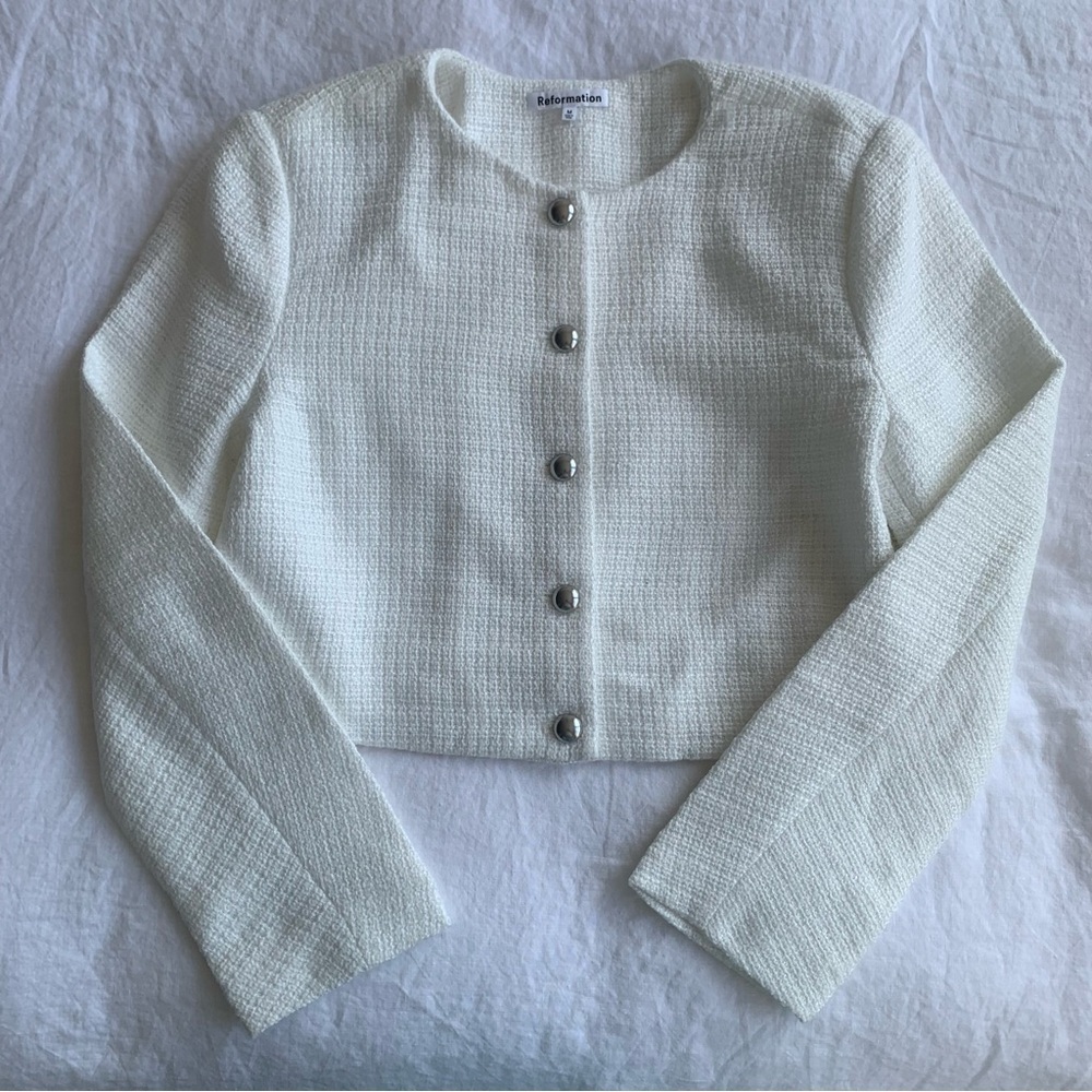 Reformation Trista Knit Tweed Crewneck Button Crop Cardigan Suit Jacket White